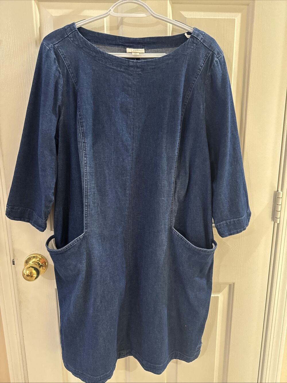 J. Jill Denim Shift Dress Pockets Minimalist Relaxed Cotton Sz Lge PT Dark Wash